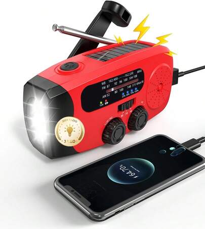Radio de emergencia con manivela: 2000 mAh/7400 mWh, AM/FM/NOAA, solar, con 3 linternas LED, función de emergencia SOS, para camping, color rojo.