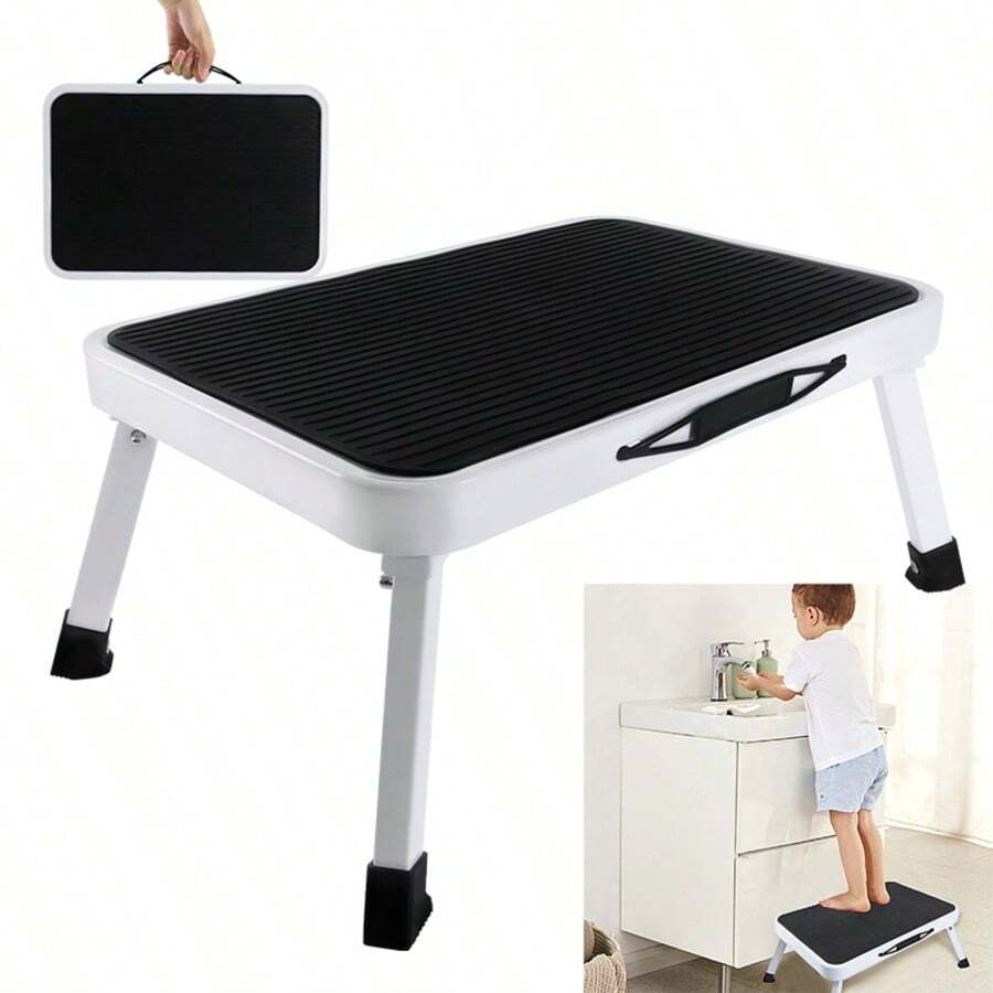 Vandise Heavy Duty Steel Step Stool Ladder - Foldable Compact Portable Platform Ladder With Non-Slip Pads For Adults & Kids - Multi-Functional Small Stool For Kitchen Bathroom Camping Office (Can Sit On) | Adjustable Steel Step Stool | Folding Metal Ladder With Anti-Slip Surface | Compact Multi-Purpose Stool For Home Use - White - View 1