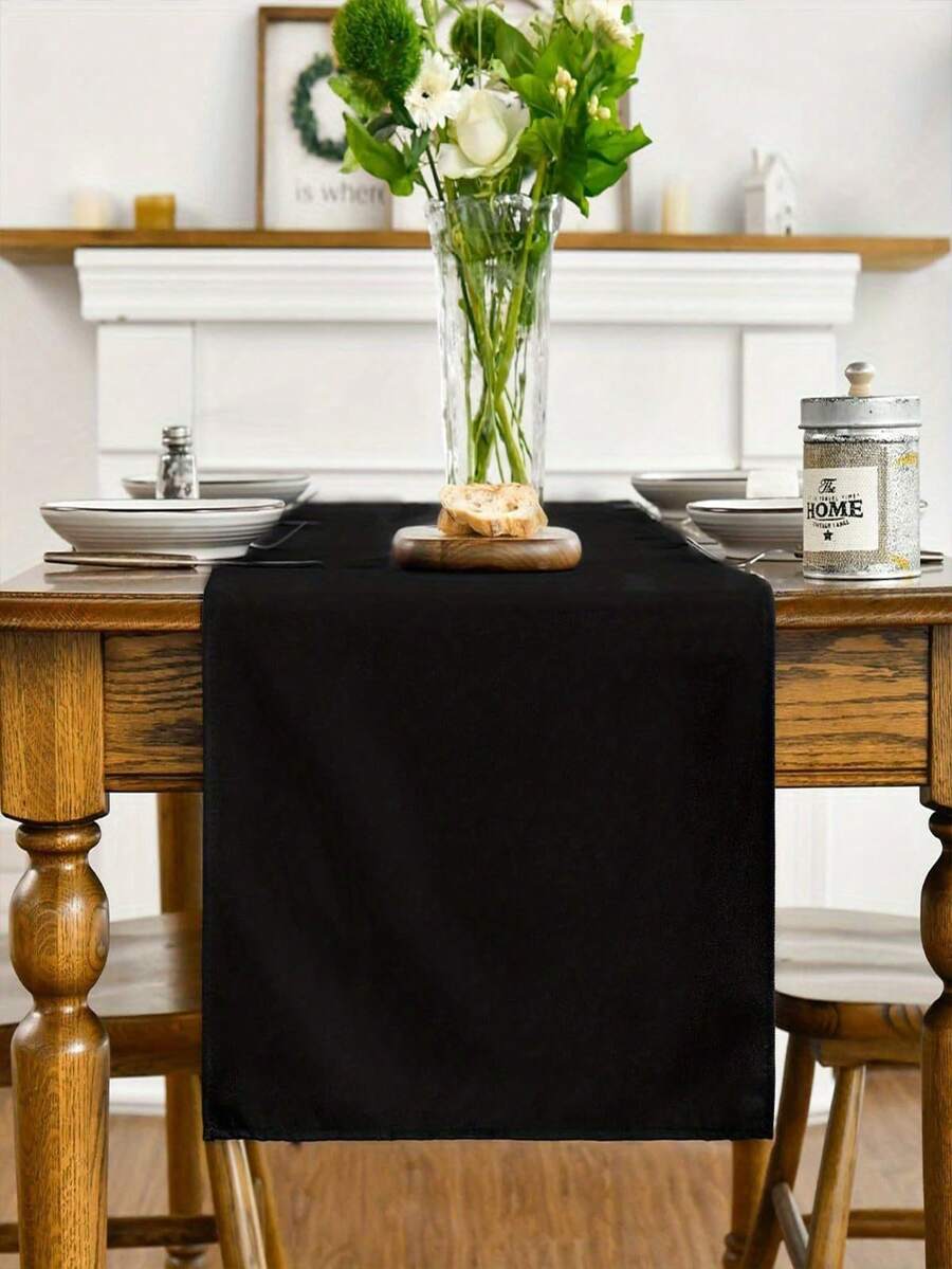 1pc Elegant Table Runner - Made Of Polyester, Rectangular, Solid Color, Suitable For Halloween, Farmhouse Style Restaurant, Kitchen, Dining Room, Party Decoration, Home Decor, Vanity And Tabletop Decoration, Party Dining Table Setting, Durable Tablecloth, Table Decoration - Black - View 1