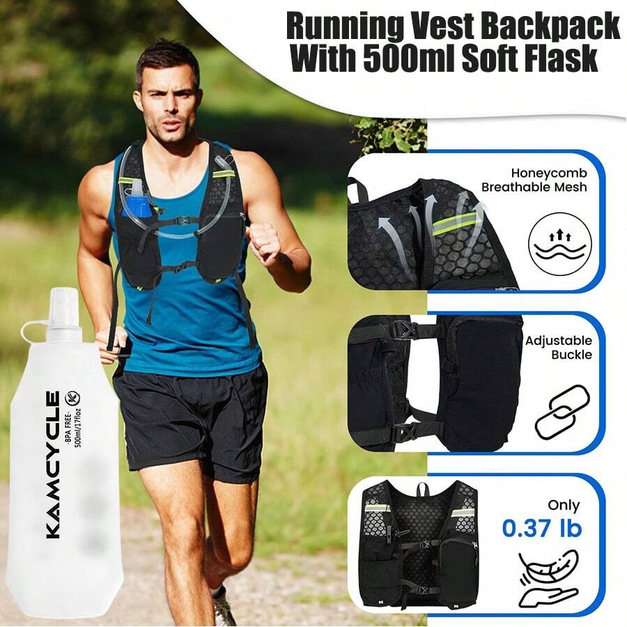 跑步补水背心背包轻便跑步背心女士男士，反光骆驼补水背包适用于骑行徒步马拉松（背包带 500 毫升软水壶） - 黑色背包贈送500ML水杯 - 查看 1