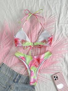 Sexy Leopard & Floral Print Tie-Up Bikini Set, European & American Style, Suitable For Summer Beach Vacation And Pool Party
