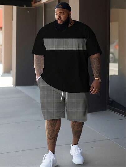 Summer Breathable T-Shirt Set, Hip Hop Style, Black & White Round Neck T-Shirts With Drawstring Shorts, Polyester Fabric Regular Design, Men's Lightweight Casual Outfit, Men's Plus Size Short Sleeve Shorts Set