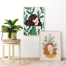 1pc Bohemian Style Fashion Girl With Floral & Leaf Illustration Wall Art Poster, Nordic Style Poster And Print For Living Room Decor, Available With/Without Frame - Multicolor - View 5