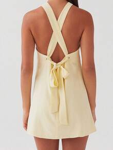 Women Twist Knot Mini Dress Halter Neck Cross Tie Back Club Party Short Dress Summer Sleeveless Casual Vacation Sundress - Màu vàng - Xem 7