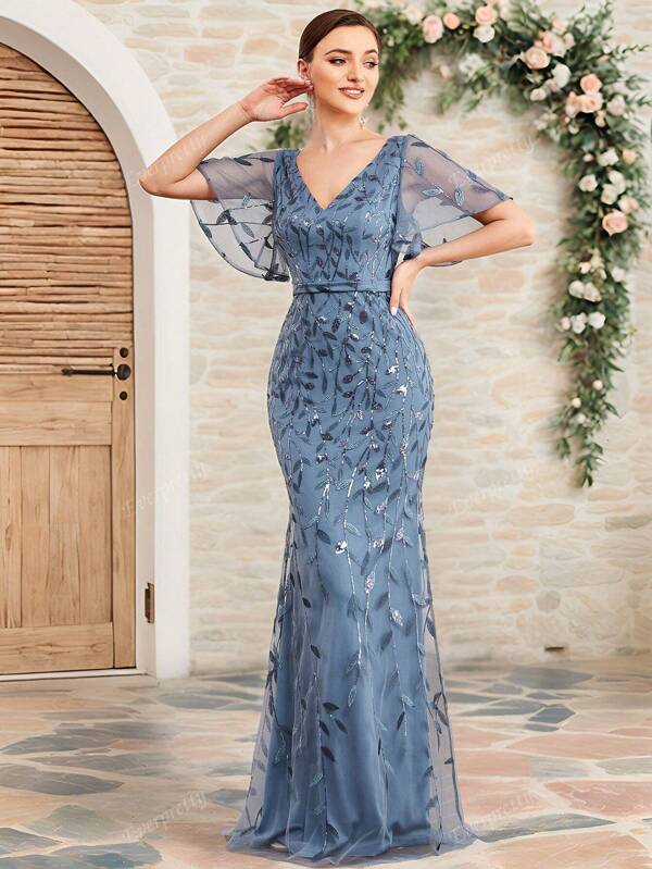EVER-PRETTY Robe de soirée formelle élégante bleu poussiéreux pour le bal, le mariage ou les dîners de remise de diplôme, avec encolure en V, manches papillon, fleurs et paillettes en maille, coupe sirène