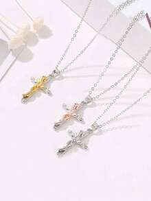 1件简约白色和玫瑰金花朵十字架吊坠项链，在中东很受欢迎 - 雙色玫瑰金的 - 查看 7