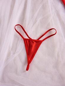 ROMWE Kawaii 蕾丝撞色开衩性感睡衣连衣裙，配丁字裤，女士吊带睡裙，外出狂欢 - 酒紅色 - 查看 5