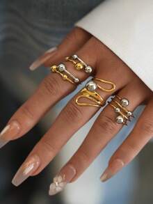 Frminee 1Pc/3pcs夏季简约时尚金银色钢球开口戒指18K镀金女士不锈钢戒指适合日常佩戴度假旅行海边等防水高品质戒指 - 彩色 - 查看 8