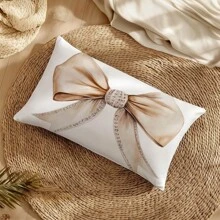 1pc Minimalist Beige Bow Cushion Cover, Single-Side Print Soft Peach Velvet Material, 30*50CM Pillow Sham Suitable For Indoor Decor, Party Decor, Decorative Pillow Cover Gift