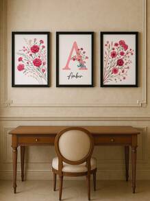 3 pezzi di arte murale personalizzata con nome senza cornice, cartellone su tela con fiori selvatici personalizzati, decorazione da parete rossa, decorazione per la camera dei bambini, decorazione da parete per la camera delle ragazze, cartellone per decorazione dell'asilo, senza cornice, regalo di compleanno perfetto, arte per la nursery, decorazione back to school
