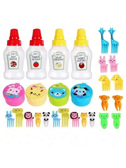 Juego de 28 piezas de cubertería, que incluye barras de alimentos, mini saborizantes, tenedores de postre, tazas de silicona para pasteles, conos de alimentos, botellas exprimidoras de ketchup, mini embudos para salsa, juegos de cubertería con diseños de dibujos animados, suministros de cocina