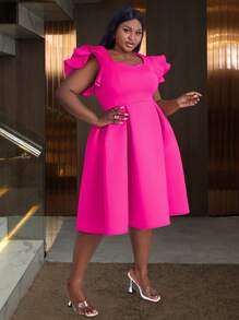 大码女式甜心领盖袖褶皱秋千生日派对毕业礼服，适合生日、婚礼宾客、毕业典礼、晚宴、返校节