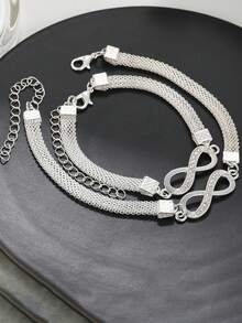2pcs Fashion Elegant Minimalist Sparkling Rhinestone Infinity 8 Bracelet & Anklet 2-In-1 Jewelry Set, High-End Personalized Basic Style, Suitable For Layering, Beach, Party, Date, Gift, Daily Matching - Silver - View 3
