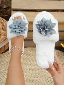 Pantuflas con lazo y plumas decorativas, de punta abierta, suaves y cómodas para todas las estaciones, color blanco
