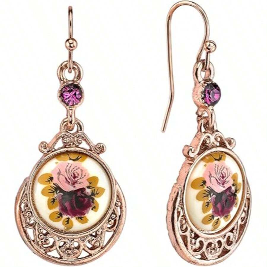 1928 Jewelry Drop & Dangle Earrings (1 Pair) - 1928 Jewelry Rose Purple Crystal Flower Drop Earrings - View 1