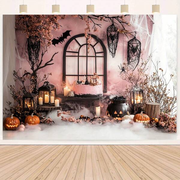 1 Stück, Halloween Party Slogan Wandhintergrund, multifunktionaler Party Slogan, Halloween Torte dekoriert mit Kürbissen und Laternen, bedruckter Fotohintergrund, festliche Weihnachts-Hochzeitstischdecke Dekoration, keine Stromversorgung erforderlich