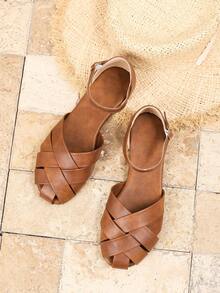 女士棕色编织闭趾平底凉鞋，踝带休闲渔夫鞋 - 棕色 - 查看 5