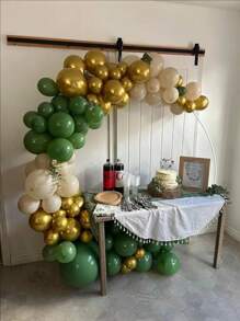 150pcs Elegant Balloon Garland Arch Kit In Grey, Green & Golden - Ideal For Weddings, Jungle Parties, Graduations & Gender Reveals - Includes White Sand Chrome Plated Metallic Balloons