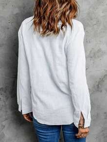 女士亚麻衬衫，长袖纽扣休闲衬衫，纯色柔软棉质面料，夏秋季服装，工作服 白色春季 - 白色 - 查看 7