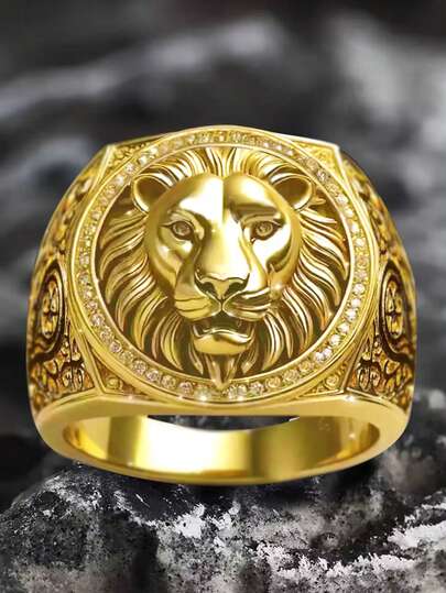1pc Vintage Style Gold Lion Ring For Men, Copper Material High-End 3D Lion Design Cubic Zirconia Accent Signet Ring - Ideal For Party, Father's Day, Banquet, Holiday Gifts And Daily Wear, Gift For Boyfriend, Husband And Father