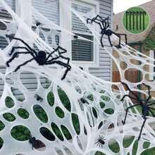 1 Set Giant White Spider Web Horror House, Prank Props, Halloween Decorations, Made Of Durable Polyester, Showcasing Dark Horror Style. UnAsymmetricalgular Perforated Design, Paired With Fake Spiders (Spiders Not Included), Comes With Ground Stakes For Outdoor Lawn, Porch, Etc. Outdoor Decor To Create A Terrifying Atmosphere.