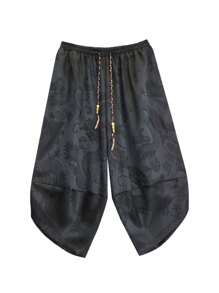 Men's Chinese Style Jacquard Weave Dragon Pattern Drawstring Harem Pants, Soft Breathable Casual Beach Pants, Suitable For Summer, Spring