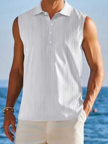 Mens Sleeveless Summer Shirts Beach Tank Tops Button Up Textured Tank Shirt For Vacation - White - View 2