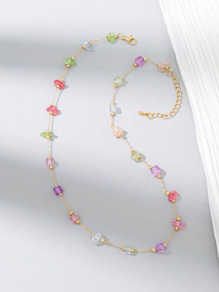 1件女士时尚彩色不对称宝石链项链，百搭且适合海滩度假（宝石颜色和数量可能有所不同） - 多彩 - 查看 1