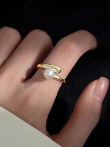 1pc Luxury Exquisite Minimalist Faux Pearl Criss-Cross Ring