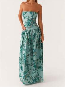 Women Y2k Maxi Dress Strapless Tube Dress Dot Print/Floral Print Sleeveless Off Shoulder Dress Bandeau Long Dress Flowy Beach Dress Cocktail Party Dresses Formal Summer Dresses - 綠色 - 查看 2