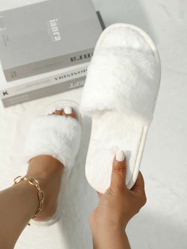 Pantuflas planas de mujer de piel sintética esponjosa y blanca, pantuflas para damas de honor, pantuflas ligeras de interior para el hogar en invierno