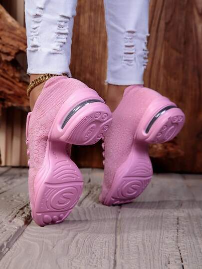 2025 Original Dance Shoes Round Eyelet Design Glitter Surface Low-Top Slip-On Platform Wedge Sneakers Women, Pink Fabric