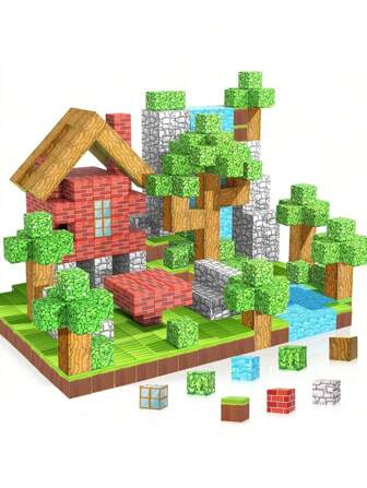 128pcs Magnetic Building Blocks - Forest Theme Cubes With Red Brick Castle, Wooden Roof, Waterfall And Trees - Durable ABS Tree Trunk Sensory Toy For Boys And Girls Ages 3+ - Teen Christmas Birthday Gift, Teen Gift Ideas | Forest Theme Toys | Natural Elements Toy Set, Magnetic Toys