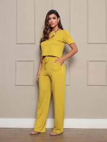Women's Short Sleeve Blouse And Pants Set With Pockets Comfortable Fabric Comes With A Free Necklace - 芥末黃 - 查看 1