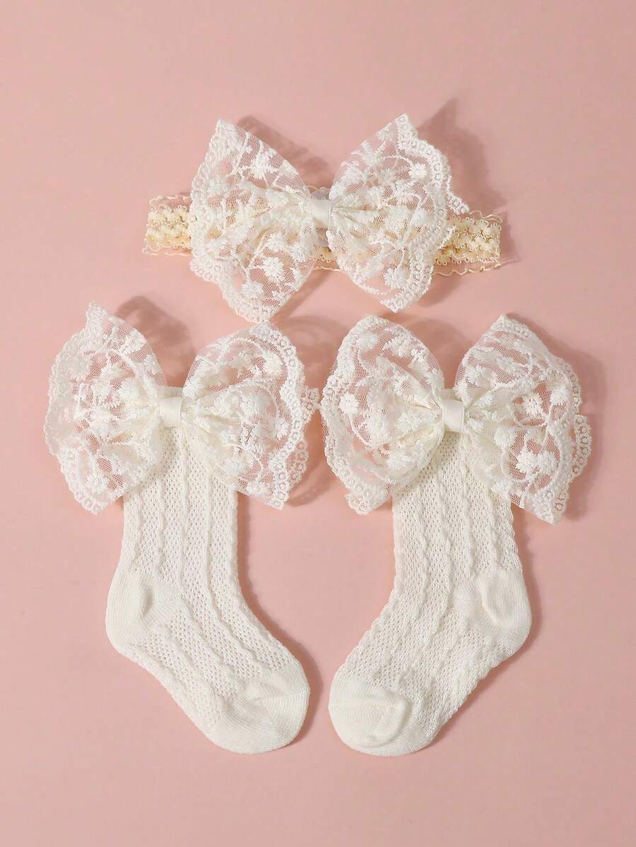1pc Baby Lace Plain Bow Headband + 1 Pair Baby Mesh Bow Breathable Mid-Calf Socks - Beige - View 1