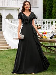 MIUSOL Vestido largo de fiesta formal con escote en V profundo, contraste de lentejuelas, encaje y volantes de gasa, vestido de noche formal - Negro - Ver 6
