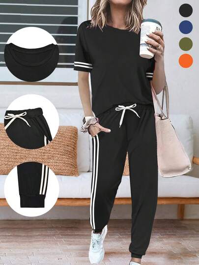 Sommar dam Ärmlös randig kortärmad topp och fickor med randiga byxor i sidan Joggingdräkt Hemmafritid Sportkläder