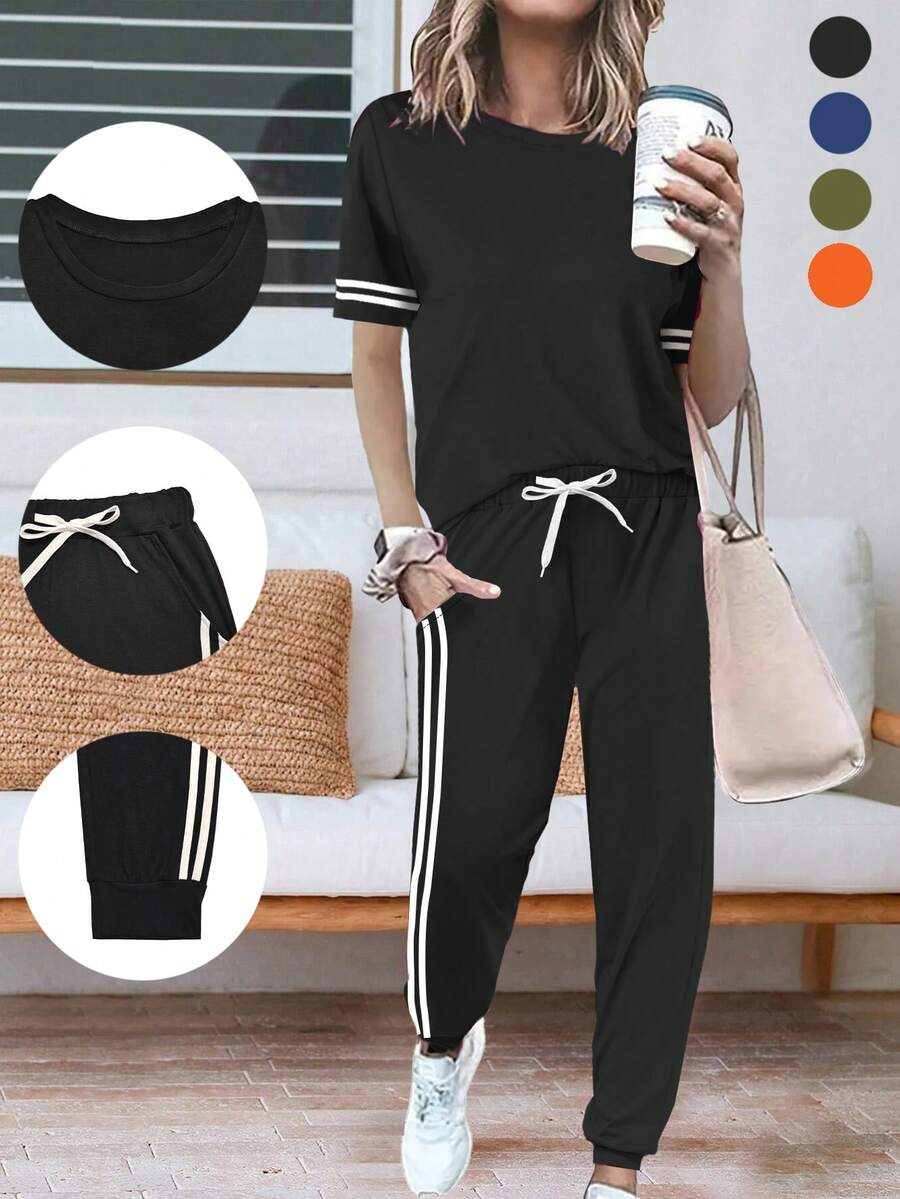 Bộ đồ thể thao mùa hè dành cho nữ, gồm áo ngắn tay kẻ sọc và quần ống rộng có túi bên hông, thích hợp mặc ở nhà hoặc dạo phố. Màu đen. - màu đen - Xem 1