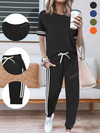 Summer Ladies' Sleeveless Striped Short-Sleeve Top And Pocketed Side Stripe Pants Jogging Suit Home Leisure Sports Outfit