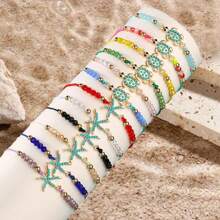 12pcs Ocean Beach Elements Starfish & Turquoise Beads Shells Braided Bracelets