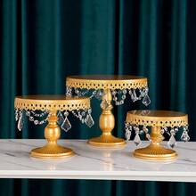 3Pcs Antique Cake Stand Set - Round Metal Cupcake Stands With Pendants And Beads - Elegant Dessert Display, For For Wedding, Birthday Party Decor, Gold/ White/Pink - 金色 - 查看 4