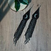 AHAYA Bohemian Gothic Stil handgefertigte Ohrringe mit Samen-, Glas-Perlen und Quasten, schwarz-weiße Mondlicht Quasten Ohrringe für Frauen, Weihnachts-/Valentinstags-Geschenk