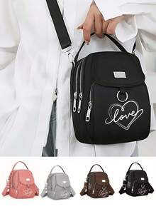 1pc Women's Nylon Shoulder Bag With Heart And Love Letter Pattern- Casual Mini Crossbody With Adjustable Strap, Multi-Layer, External Headphone Hole, Solid Color, Secure Zip Closure, Small Crossbody Bag , Valentine's Day - Multicolor - View 7