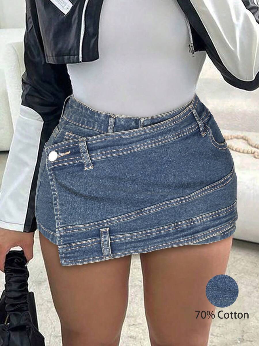 Y2K Vintage Colorblock Contrast Stitching Overlap Waist Elastic Bodycon Asymmetric Hem Fitted Denim Mini Skirt - Washed Blue - View 1