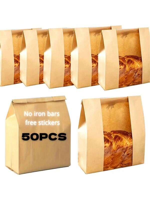 50pcs Toast Bag Bread Kraft Paper Bag (With Stickers), Small/Medium/Large Paper Bread Bag With Window, Baked Food Packaging Supplies, Label Seal Stickers For Baked Food Packaging Storage, Household Supplies