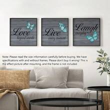 Juego de 3 piezas [Decoración de arte de mariposa azul y verde] Juego de arte de pared de lienzo con mariposas azules y verdes, póster horizontal sin marco, adecuado para el hogar, la oficina, la sala de estar, el dormitorio, el comedor, se puede combinar con citas inspiradoras para crear un estilo moderno. Impresiones artísticas para interiores, con tema "Amor, Risa, Vida". Póster, arte de pared, decoración de habitación, arte de pared enmarcado. - Multicolor - Ver 10