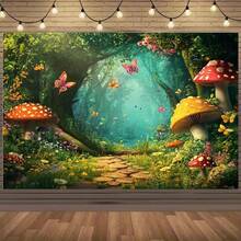 1 pieza, Fondo de bosque encantado con mariposas vibrantes, setas coloridas y frondosa vegetación - Escenario de fotografía de cuento de hadas para fiestas, eventos y cumpleaños, material de poliéster, perfecto para sesiones de fotos y decoración, fondo para eventos | Ambiente ensoñador | Diseño vibrante, Decoración de bosque - Multicolor - Ver 1