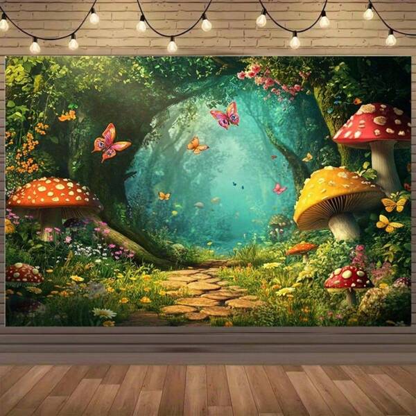 1pc,Enchanted Forest Backdrop With Vibrant Butterflies, Colorful Mushrooms & Lush Greenery - Whimsical Fairy Tale Photography Background For Parties, Events & Birthdays, Polyester Material, Perfect For Photo Shoots & Decor, Event Backdrop | Whimsical Atmosphere | Vibrant Design, Forest Decor
