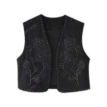 ZEVITY Sequin Decorated Floral Embroidery Cardigan Vest Top
