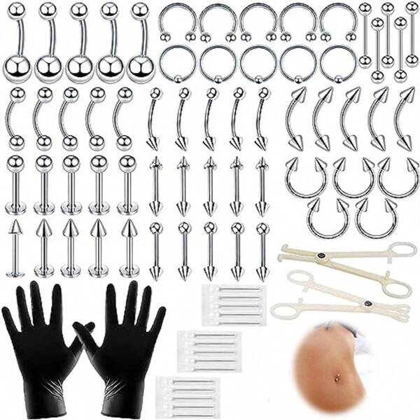 84PCS Body Septum Piercing Kit 14G 16G Tools For Nose Tongue Lip Ear Eyebrow Belly Button Cartilage Tragus Industrial Barbell Helix Daith Piercing Jewelry Clamps